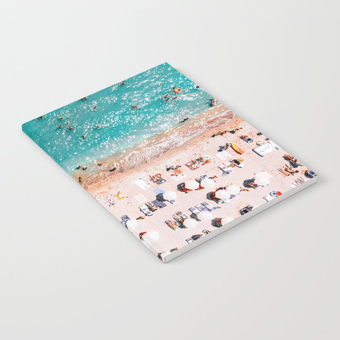 Beach Vibes, Umbrellas Print, Ocean Sea Beach People Print, Aerial Beach Summer Art Print, Aerial Photography, Summer Vibes Coastal Art Notebook