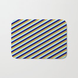 [ Thumbnail: Goldenrod, Turquoise & Blue Colored Stripes/Lines Pattern Bath Mat ]