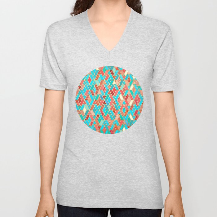 Melon and Aqua Geometric Tile Pattern V Neck T Shirt