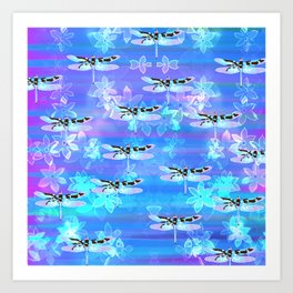 DRAGONFLY FORMATION BLUE Art Print | Blue, Purple, Saundramylesart, Whitedragonfly, Glowing, Dragonfly, Glow, Pinkdragonfly, Insect, Dragonflies 