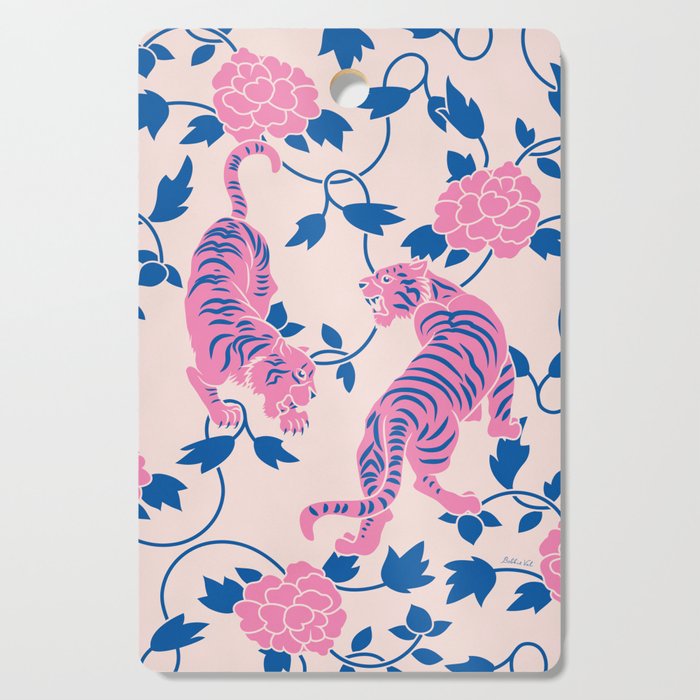 Chinese Tigers, Pink, Blue Cutting Board