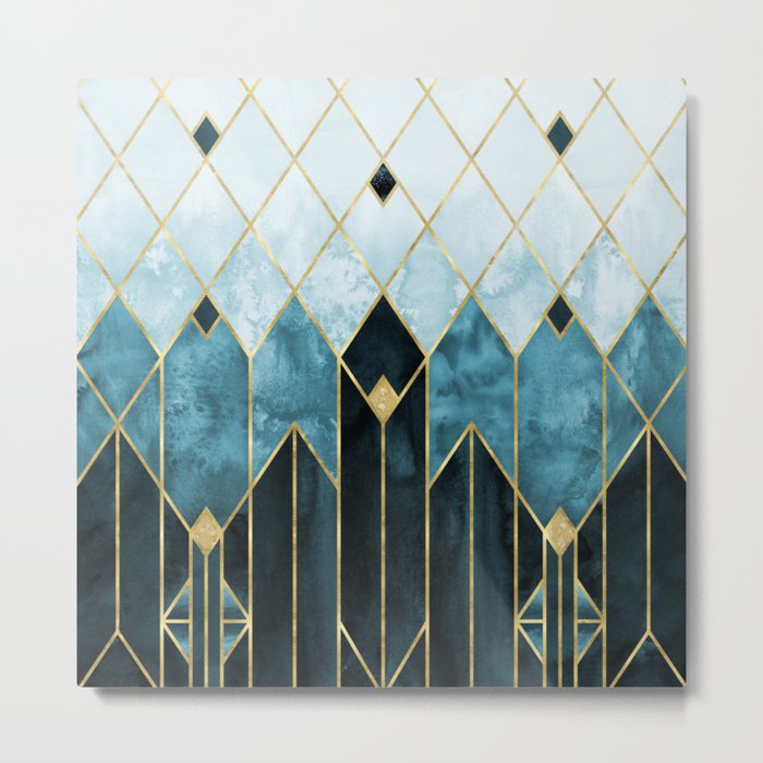 Gold Diamonds Teal Nights Art Deco Geometric - Modern Pattern Metal Print