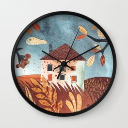 Rural autumn watercolor landscape in collage technique. Cut out illustration. Wall Clock