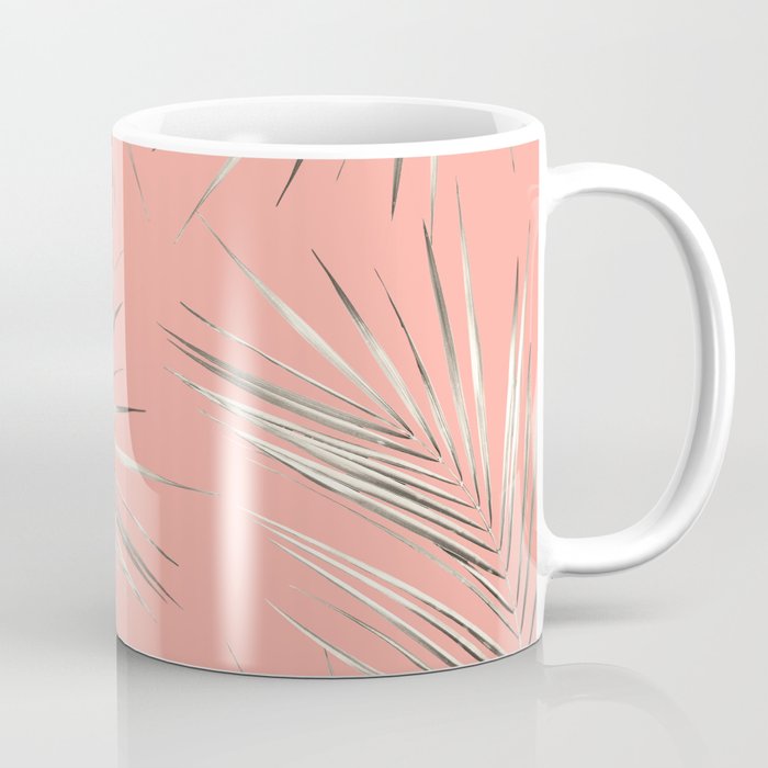 White Gold Palm Leaves on Coral Pink Coffee Mug
