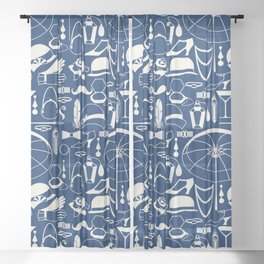 White Old-Fashioned 1920s Vintage Pattern on Navy Blue Sheer Curtain