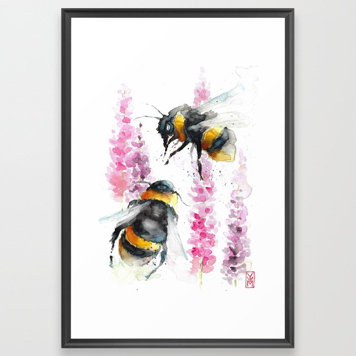 Bumblebees watercolor art Framed Art Print