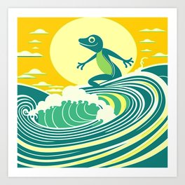 Abstract Frog Surfing on Waves Art Print