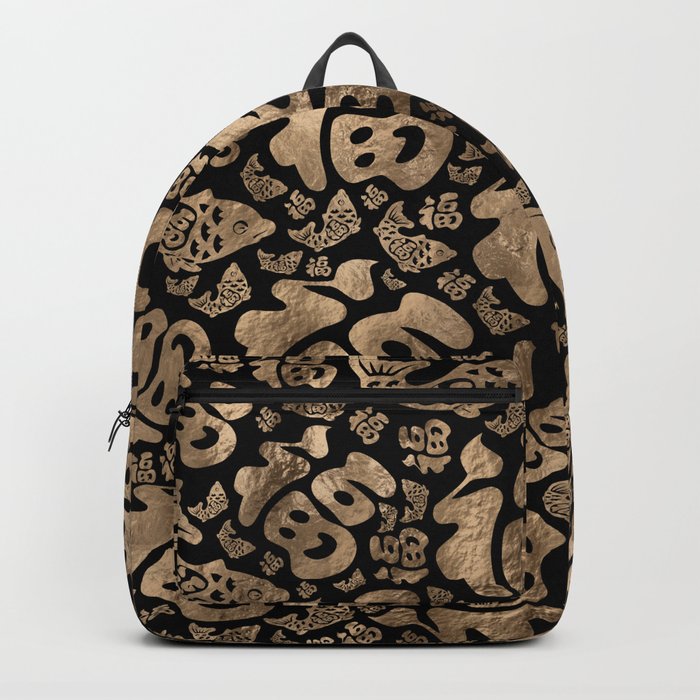 Chinese Lucky Symbols and Koi Fish - Black and Gold Backpack