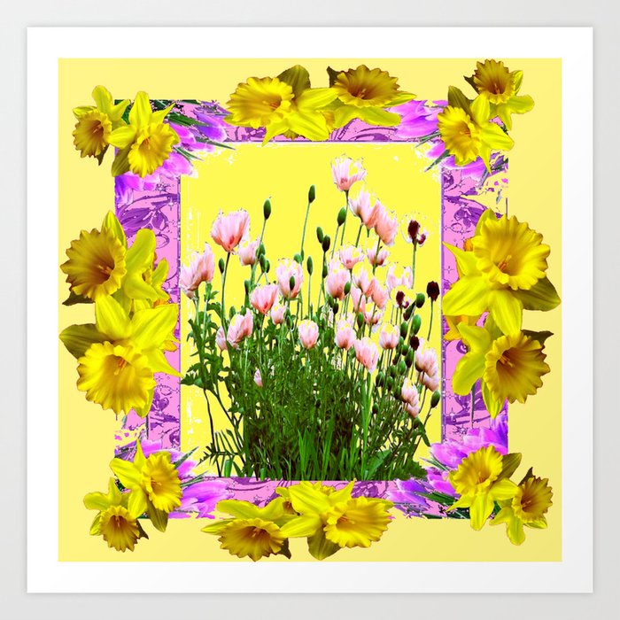 YELLOW DAFFODILS FLOWER GARDEN & PINK POPPIES DESIGN Art Print