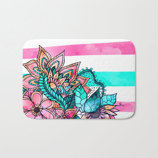 Floral watercolor modern pink teal stripes Bath Mat