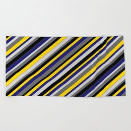 [ Thumbnail: Vibrant Light Gray, Dim Gray, Black, Yellow, and Midnight Blue Colored Stripes Pattern Beach Towel ]