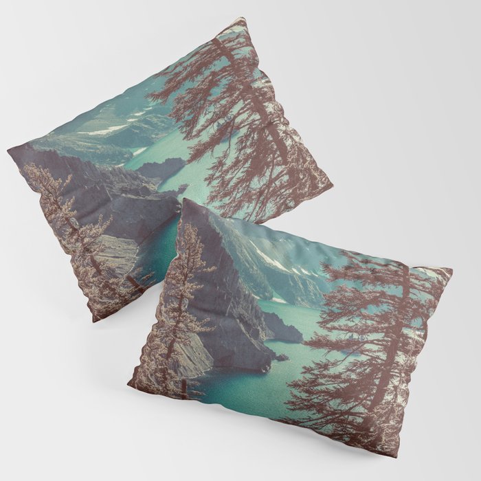 Vintage Blue Crater Lake and Trees - Nature Photography Pillow Sham