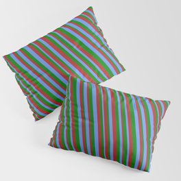 [ Thumbnail: Cornflower Blue, Green & Red Colored Stripes Pattern Pillow Sham ]