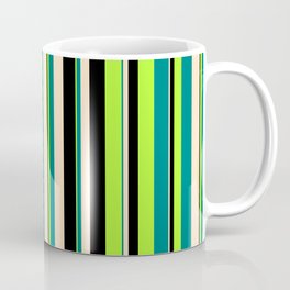 [ Thumbnail: Light Green, Teal, Bisque & Black Colored Lined/Striped Pattern Coffee Mug ]