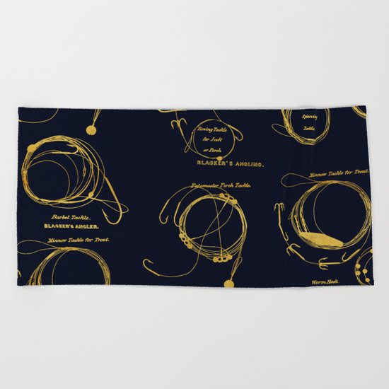 Maritime pattern- Gold fishing gear on darkblue backround Beach Towel