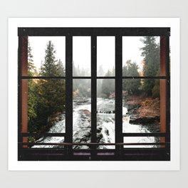 Window to the Waterfall and Forest | Foggy Forest Landscape in Autumn Art Print