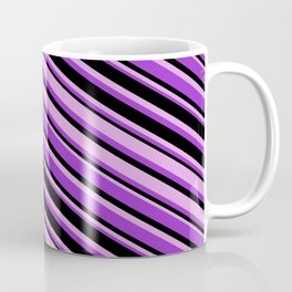 [ Thumbnail: Dark Orchid, Black, and Plum Colored Stripes Pattern Coffee Mug ]