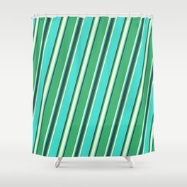 [ Thumbnail: Sea Green, Light Yellow, Turquoise, and Dark Slate Gray Colored Striped Pattern Shower Curtain ]