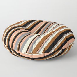 [ Thumbnail: Colorful Light Salmon, Grey, Light Yellow, Brown, and Black Colored Stripes Pattern Floor Pillow ]