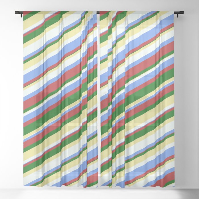 Colorful Tan, Mint Cream, Cornflower Blue, Red, and Dark Green Colored Stripes Pattern Sheer Curtain