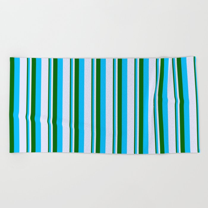 Dark Green, Deep Sky Blue & Lavender Colored Lined/Striped Pattern Beach Towel