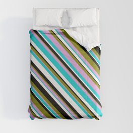 [ Thumbnail: Eye-catching Green, Plum, Dark Turquoise, White & Black Colored Striped/Lined Pattern Comforter ]