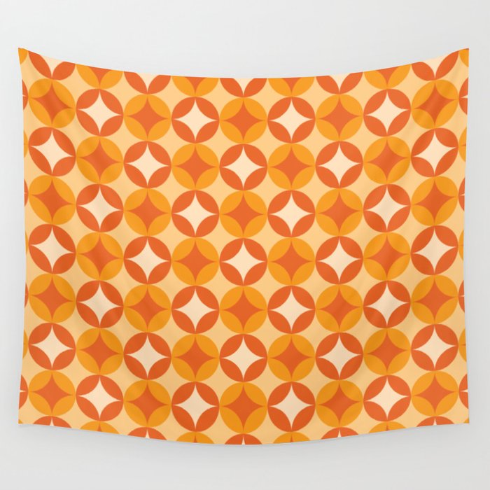 Orange Four Leaf circle tile geometric pattern. Digital Illustration background Wall Tapestry