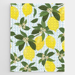 Seamless citrus vintage pattern on white background. Hand drawn illustration with lemons. Tropical fruit wallpaper.  Jigsaw Puzzle