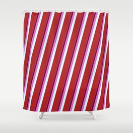 [ Thumbnail: Eyecatching Purple, Maroon, Orchid, Light Cyan, and Red Colored Lined/Striped Pattern Shower Curtain ]