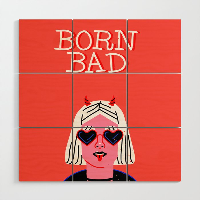 Born bad funny devil woman rocker girl print cartoon Wood Wall Art