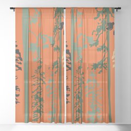 Woody - Green Minimal Forest Tree Art Design on Orange Sheer Curtain