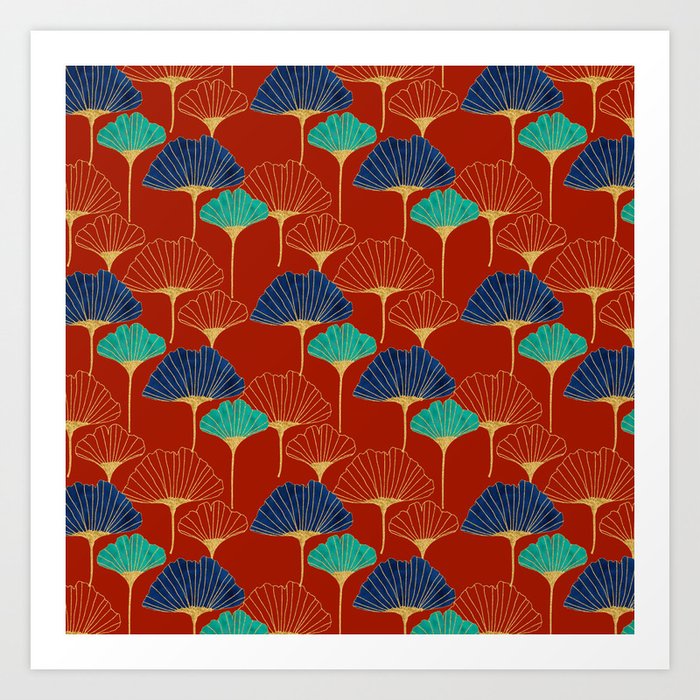 Gingko Biloba Leaves Abstract Pattern (red Background) Art Print