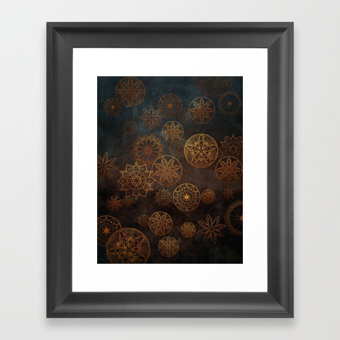 Floral Mandala Grunge in Gold Copper Brown and Teal  Framed Art Print