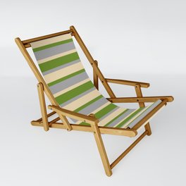 [ Thumbnail: Green, Dark Grey & Tan Stripes Pattern Sling Chair ]