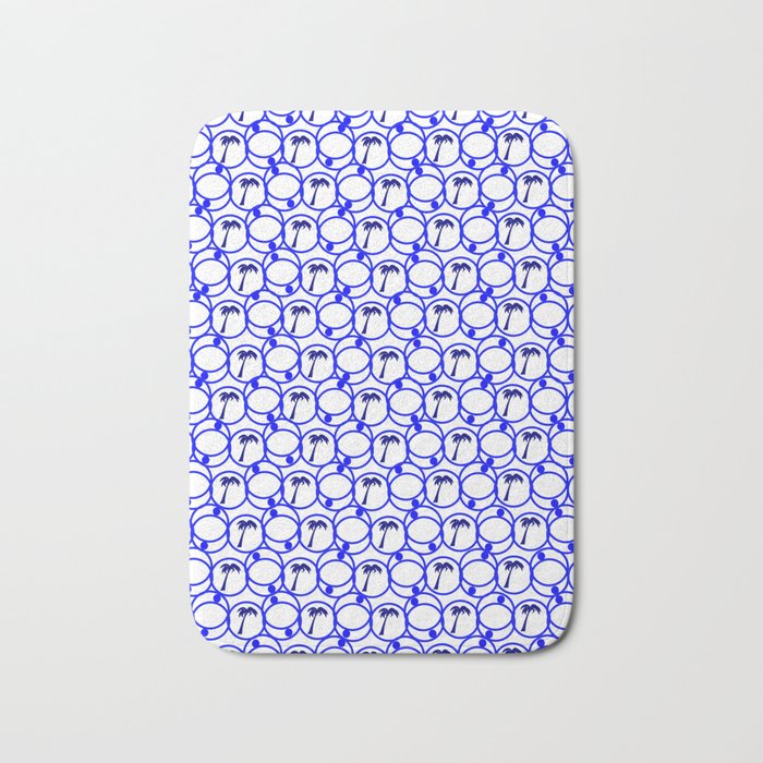 Blue and White Geometric Pattern With Palm Trees Bath Mat
