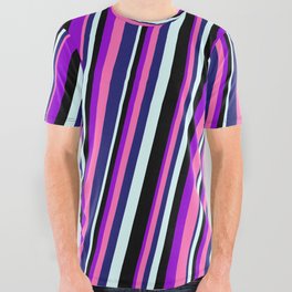 [ Thumbnail: Dark Violet, Hot Pink, Midnight Blue, Light Cyan & Black Colored Lined/Striped Pattern All Over Graphic Tee ]
