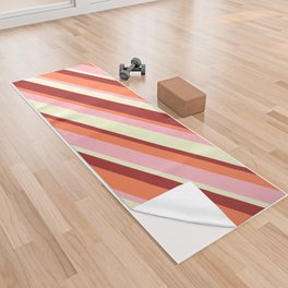 [ Thumbnail: Light Yellow, Brown, Coral & Light Pink Colored Stripes/Lines Pattern Yoga Towel ]