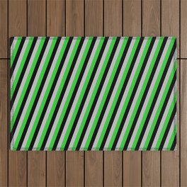 [ Thumbnail: Grey, Lime Green & Black Colored Lines Pattern Outdoor Rug ]