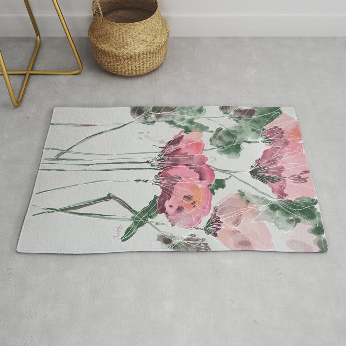 Watercolor Flower Meadow with Lineart Rug