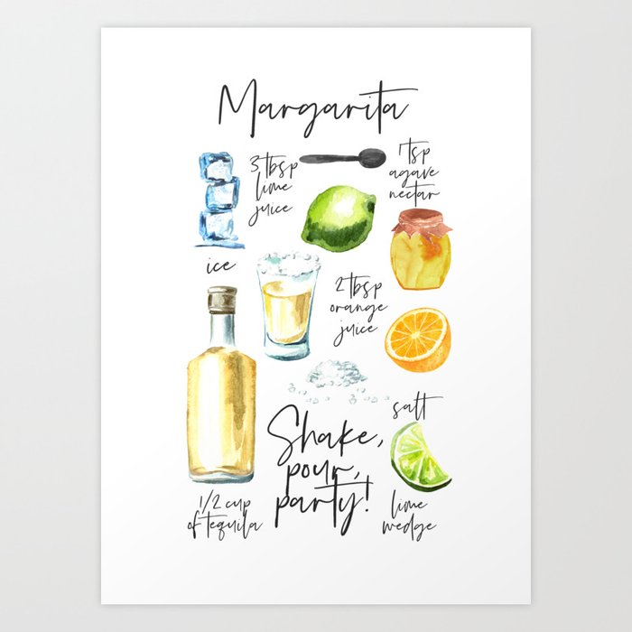 Margarita Recipe Watercolor Illustration Art Print