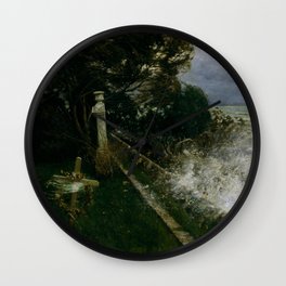 Lonely seaside cemetery during the coastal storm nor' easter martime landscape painting by Adolf Hirémy-Hirschl for home, bedroom, and wall decor Wall Clock