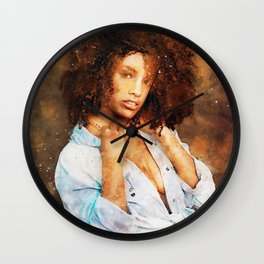 Charming black woman wearing shirt on bare chest Wall Clock