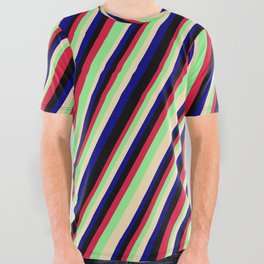 [ Thumbnail: Colorful Crimson, Light Green, Tan, Blue & Black Colored Lined Pattern All Over Graphic Tee ]