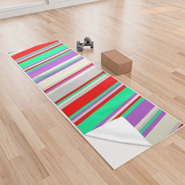 [ Thumbnail: Colorful Orchid, Green, Red, Light Gray, and Beige Colored Striped/Lined Pattern Yoga Towel ]