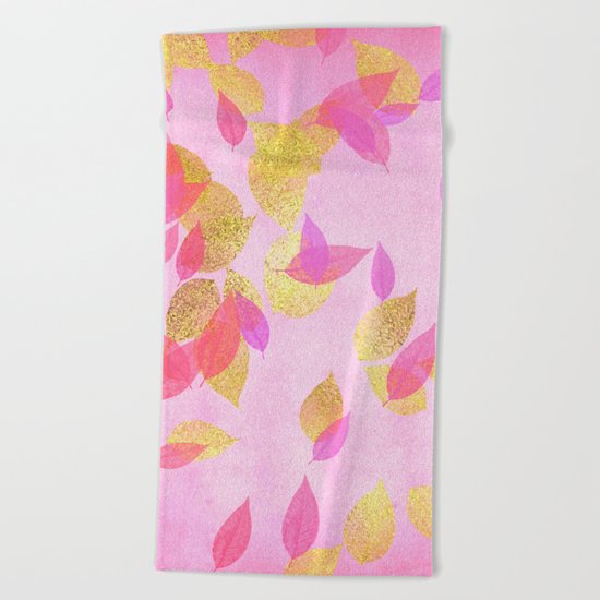 Autumn-world 5 - gold glitter leaves on pink background on #Society6 Beach Towel
