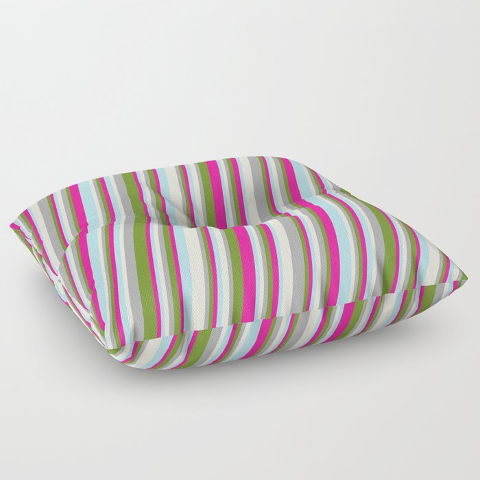 Beige, Dark Gray, Green, Deep Pink, and Powder Blue Colored Stripes Pattern Floor Pillow