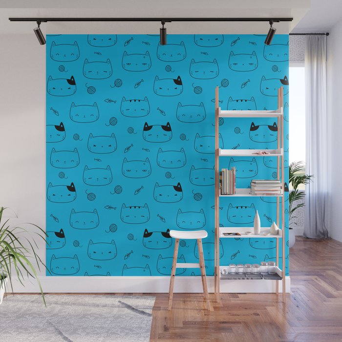Turquoise and Black Doodle Kitten Faces Pattern Wall Mural