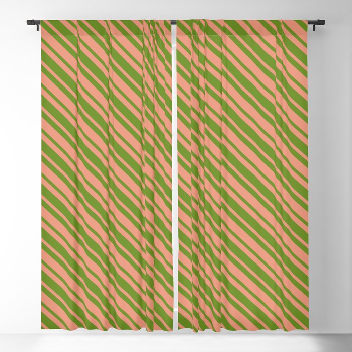 Dark Salmon and Green Colored Lined Pattern Blackout Curtain