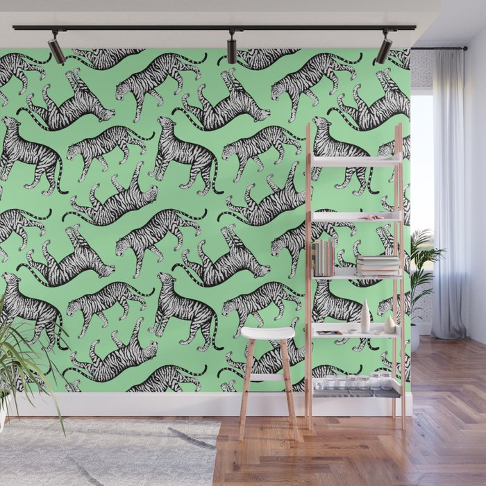Tigers (Green and White) Wall Mural