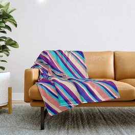 [ Thumbnail: Light Coral, Bisque, Purple, Dark Blue, and Dark Turquoise Colored Lined/Striped Pattern Throw Blanket ]